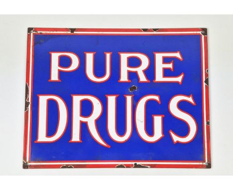 PURE DRUGS WALL SIGN, vintage style enamelled metal, aged finish, 37.5cm x 29cm.