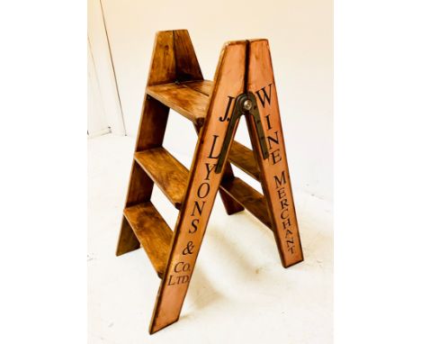 STEP LADDER, wooden, with wine merchant decoration, 89cm H