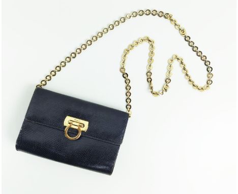 SALVATORE FERRAGAMO VINTAGE SHOULDER BAG/CLUTCH, with gancini iconic front flap closure, black leather lizard embossed, gold 