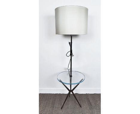 FLOOR LAMP, glass tray on tripod supports, 170cm H overall including shade.