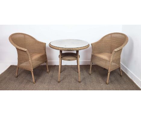 LLOYD LOOM TABLE, 80cm W and two chairs, bears Lloyd Loom plaque.