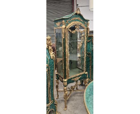 VITRINE, glazed with two shelves, faux malachite finish, gilt detail, 59.5cm x 38cm x 182cm.