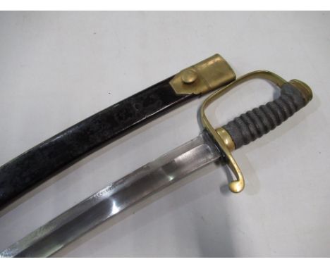 Victorian police constabulary type short sword with 23 1/2" curved single fullered blade, brass knucklebow and leather and br