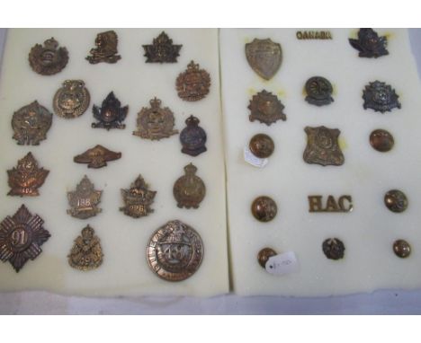 Two sheets of mostly Canadian military cap badges and shoulder titles, buttons, etc, including Lincoln regiments, First Herts