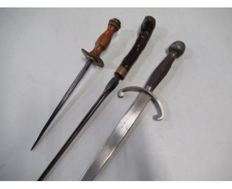 Copy of a medieval style dagger, with steel crosspiece and two stiletto type daggers (3) 