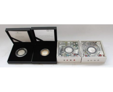Four silver proof coins to include 2021 Alice in Wonderland £1 (2), 2021 John Logie Baird 50p and a 2019 Samuel Pepys £2 pied