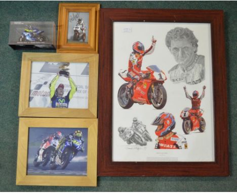 Three framed signed photos of Moto GP drivers including Valentino Rossi, a framed Stuart Mcintyre "Tribute To Carl Fogerty" p
