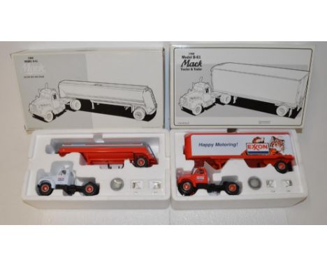 Two First Gear 1:34 scale diecast metal truck models, including two 1960 model B61 Macks with fuel tractor and tanker trailer