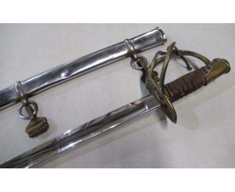 Cavalry type sword with 36" curved single fullered blade, stamped BM with silver plated finish, similar plated scabbard, comp