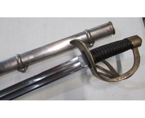 Very good quality copy of French Napoleonic period brass  heavy assier troopers sword, complete with steel scabbard and vario