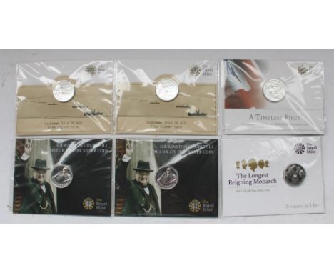 Six Royal Mint UK silver proof £20 coins comprising Outbreak 2014 (2), 2015 Longest Reigning Monarch, 2015 Sir Winston Church