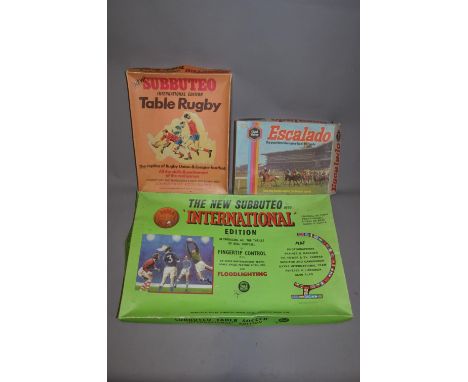 Subbuteo "International Edition" football and rugby games, and a Chad Valley "Escalado" table top horse racing game. 