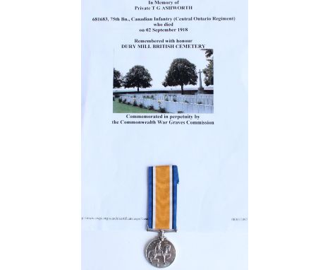 WWI casualty 1914-1918 war medal awarded to Private T G Ashworth 681683, 75th Battalion Canadian Infantry (Central Ontario Re