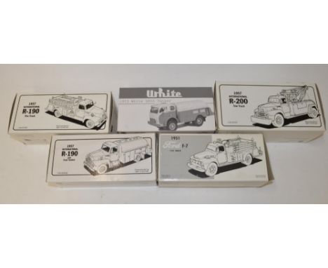 Five boxed diecast 1:34 scale First Gear, USA, diecast vehicles incl. two fire trucks, two fuel tankers, and tow truck.