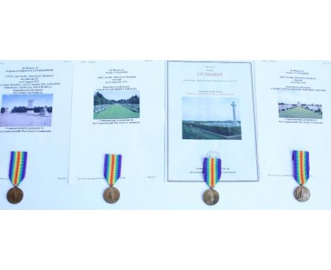 Four WWI Casualty victory medals awarded to 23087 Pte. J J Dawson 21st Bn. Manchester Regt., 40794 Pte. J W Maddock 22nd Bn. 
