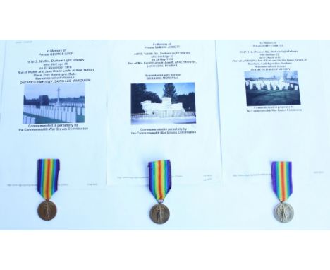 Three WWI casualty victory medals awarded 9/7013 Pte. George Loch 9th Bn. Durham Light Infantry, 44872 Pte. Samuel Jowett 1st