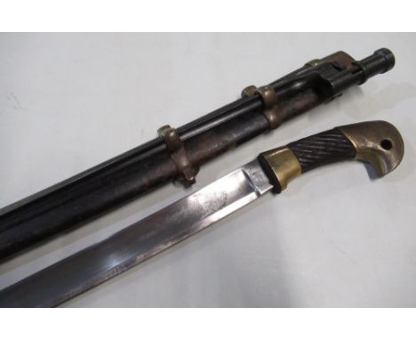 Russian shashka sword with 32" broad single fullered blade stamped A576, complete with scabbard and bayonet 