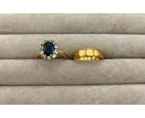 Hallmarked 22ct yellow gold wedding band, Birmingham, 1908, size L, 1.7g and a hallmarked 18ct yellow gold sapphire and white