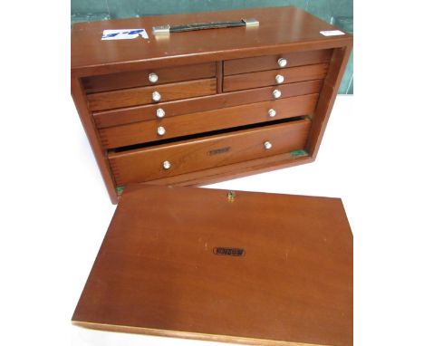 Union wood tool box with fall front revealing bank of various assorted size drawers 46cm x 21cm x 29cm 