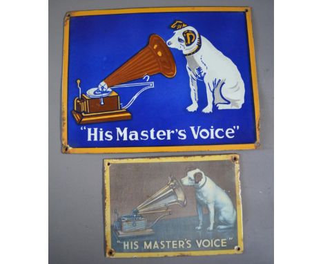 "His Masters Voice" enamel advertising sign with blue background (L40.7 x H30.5cm) and a smaller more modern reproduction (L2