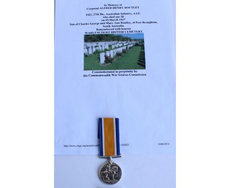 WWI casualty 1914-1918 war medal awarded to 2421 Cpl. Alfred Henry Routley, 27th Battalion Australian Infantry AIF, with CWGC