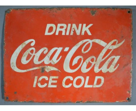 Rectangular steel plate "Drink Ice Cold Coca-Cola" enamel advertising sign, L38.2 x 27.9cm 