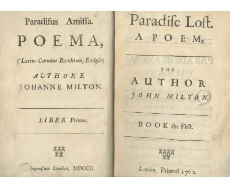 MILTON (JOHN)Paradisus amissa. Poema... Liber Primus [Paradise Lost. A Poem... Book the First],  2 titles each with small woo