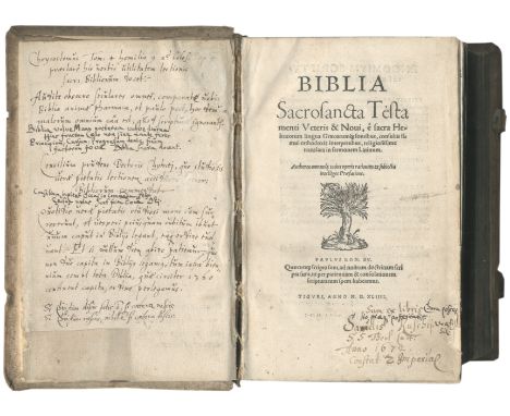 BIBLE AND ILLUMINATED LEAVESBiblia sacrosancta testamenti veteris &amp; novi, 3 parts in 1 vol.,  printer's device on general