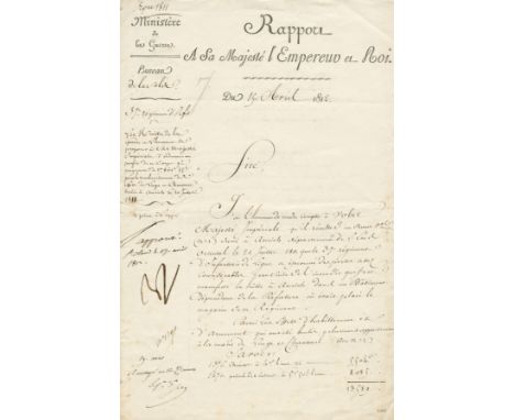 NAPOLEON BONAPARTERapport signed as approved by Napoleon ('approuvé N'), with printed heading 'Rapport A Sa Majestié l'Empere