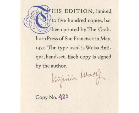 WOOLF (VIRGINIA)Street Haunting, FIRST EDITION, NUMBER 420 OF 500 COPIES, SIGNED and numbered by the author in purple ink,  p