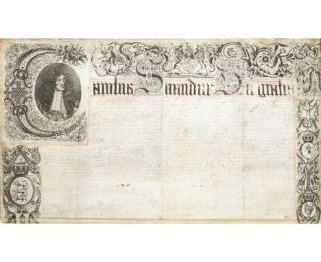 CHARLES IIWarrant signed ('Carolus R') at foot, with engraved initial letter portrait of Charles II, historiated first line a