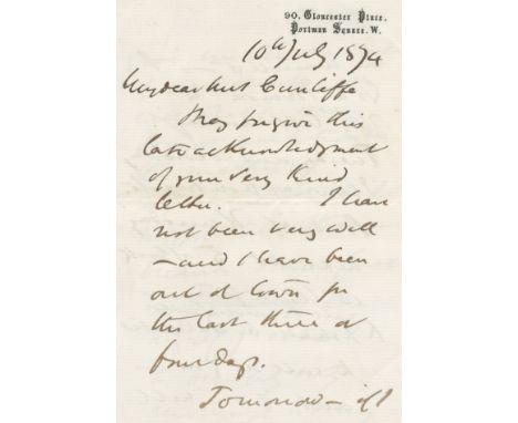 COLLINS (WILLIAM WILKIE)Autograph letter signed ('Wilkie Collins'), to Mrs Cunliffe, complaining that 'I am (most unfortunate
