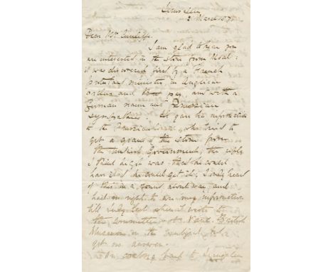 JERUSALEM – THE MOABITE STONEAutograph letter signed ('Charles Warren'), to the literary hostess Mrs Cunliffe, giving an acco