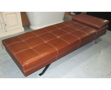 CENTRE STOOL, 1970's stitched brown leather raised upon outswept chrome supports with loose end cushion, 42cm H x 77cm W x 20