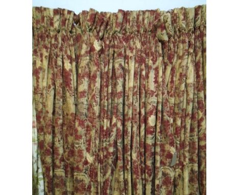 CURTAINS, two pairs, patterned terracotta and sand part chenille fabric, maybe slight fading and wear to edges, approximately