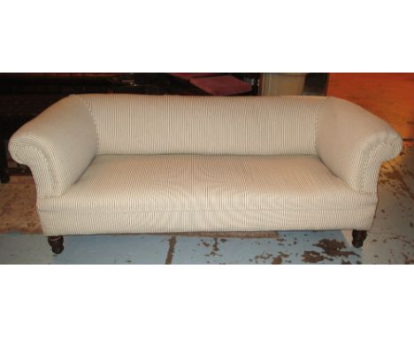 CHESTERFIELD SOFA, late Victorian walnut reupholstered in ticking fabric, 191cm W. 