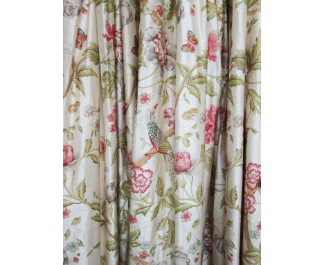 CURTAINS, a set of four, in floral Benninson silk lined and interlined approx 80cm W gathered by 243cm drop (with faults, one