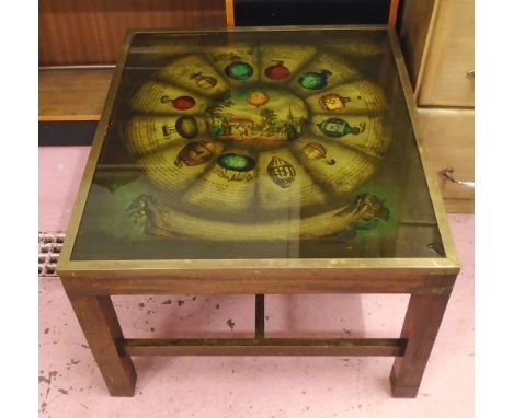 LOW TABLE, mahogany and brass bound, the glass top with coloured balloon print beneath, 75cm W x 45cm H. 