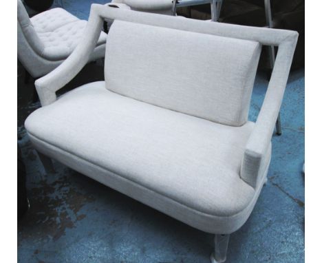 SOFA, two seater, open armed in oatmeal fabric, 139cm L. 