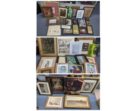 Mixed pictures to include a watercolour depicting a lady with a stick, various prints, reproduction icons and others, Locatio