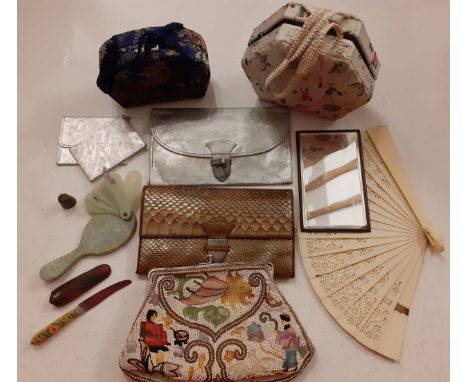 Mixed 20th Century evening bags to include an early 20th Century Chinese fine bead and embroidered bag, 2 clutch bags with si