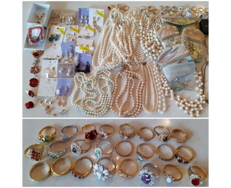 A quantity of costume jewellery to include faux pearl necklaces, Poppy Appeal jewellery, a quantity of gold plated and silver