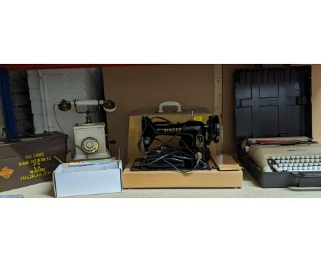 A mixed lot to include a cased Olivetti Lettera 35 typewriter, cased Singer 99K 'Red S' sewing machine, vintage style telepho