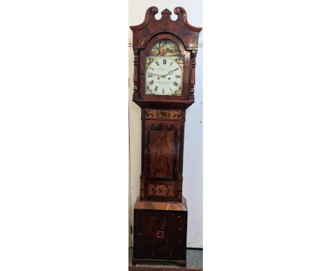 An early 19th century mahogany longcase clock, the case having a broken swan neck pediment and marquetry inlaid, the arched t