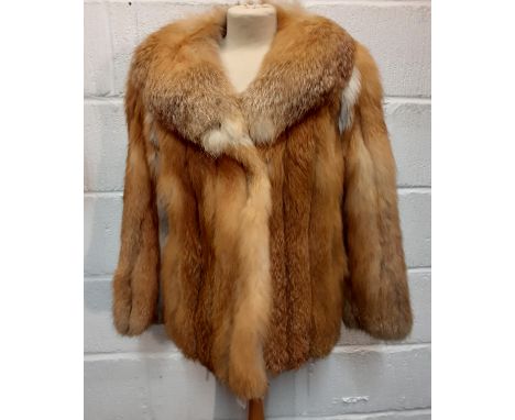 A 1970's red fox fur jacket having vertical brown leather insertions, 2 front pockets and a shawl collar, brown satin lining,