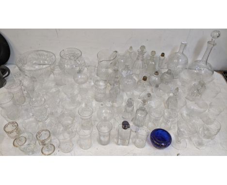 Mixed early 20th century and later glassware to include a ring collared decanter, scent bottles and others Location: 