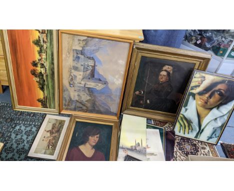 Mixed pictures to include an oil on canvas portrait of a lady, watercolour of a village scene, and others Location: 