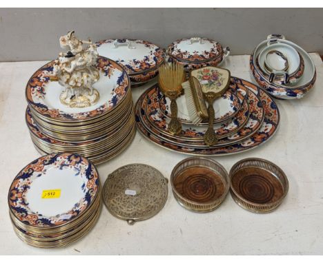 A mixed lot to include a Royal Doulton 'Matsumai' part dinner service, two 19th century Derby figures A/F, silver plated wine