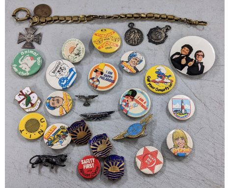 Mixed badges to include The Smurfs, Dr Who and others, together with silver medals and others Location: 