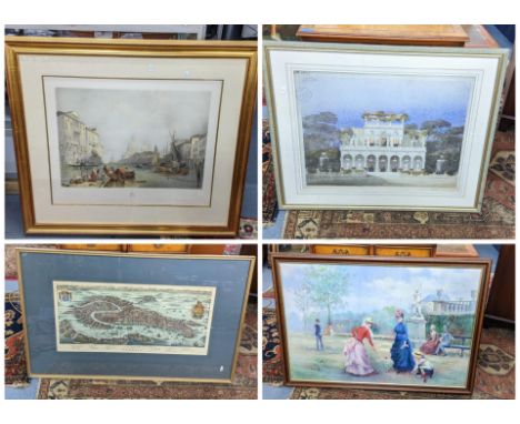 Four pictures to include an oil canvas depicting a scene of figures playing croquet, Russell Flint, erotic prints and others 